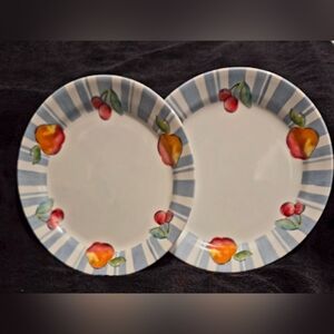 Corelle Blue and White Striped Dinner Plates with Fruit Design